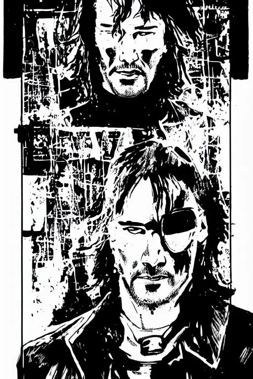 Image similar to keanu reeves, a page from cyberpunk 2 0 2 0, style of paolo parente, style of mike jackson, adam smasher, johnny silverhand, 1 9 9 0 s comic book style, white background, ink drawing, black and white, mid - shot