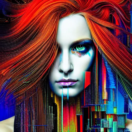 Prompt: hyperrealistic portrait of a mysterious cyberpunk woman with flowing hair, by Chevrier Sandra, Johannes Itten, Russ Mills, beautiful, elusive, glitch art, hacking effects, glitch effects, digital tech effects, cybernetics, detailed lines, intricate detail, holographic, chromatic, clear, color blocking, acrylic on canvas, octane, concept art, abstract, red face, front view, 8k, trending on cgsociety, trending on artstation