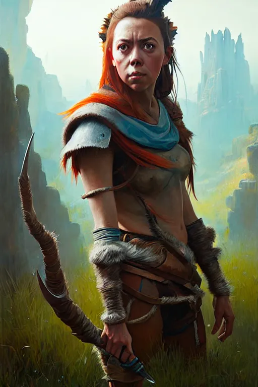 Image similar to hieronymus bosch, greg rutkowski, anna podedworna, painting of aubrey plaza as aloy from horizon : zero dawn