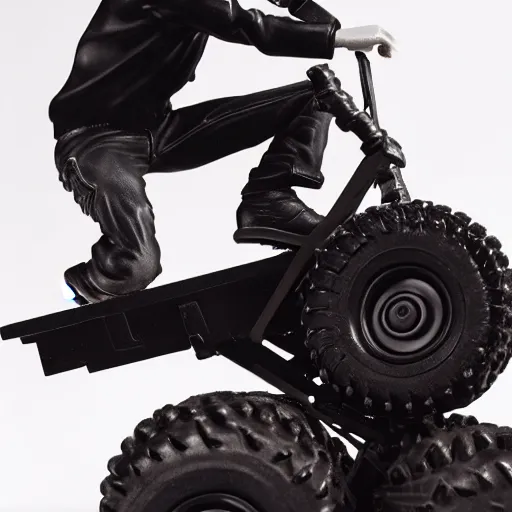 Image similar to travis scott figure standing on top of a black toy monster truck, studio lighting, white background