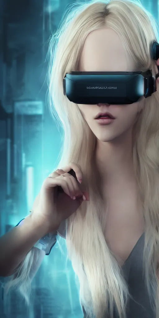 Image similar to a beautiful blonde girl trapped in virtual reality, futuristic, cyberpunk, 3 d rendered, 3 d rendering, dramatic lighting, dark theme, hdr, unreal engine 5, crazy realistic