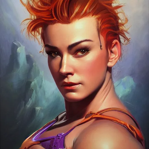 Prompt: detailed portrait of zarya from overwatch, intricate, hyper detailed, realistic, oil painting, by julie bell, frank frazetta, cinematic lighting