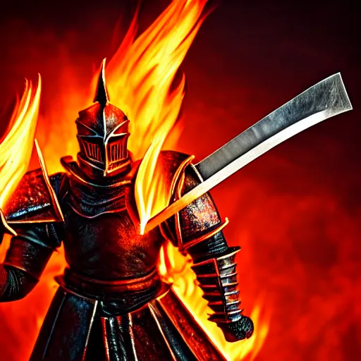 Image similar to photo of a hell knight with a flaming sword, highly detailed, 4k, HDR,