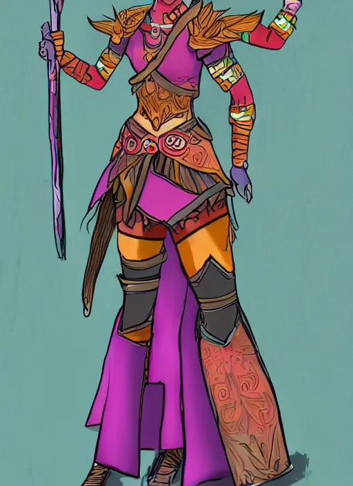 Prompt: a full body concept art of a warrior princess in colorful clothing