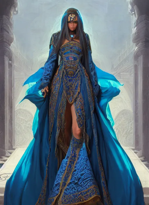 Prompt: beautiful female cleric, healer, blue robes with tribal pattern, long black braids, fantasy, digital art by eugene de blaas, ross tran, and nasreddine dinet, vibrant color scheme, intricately detailed, in the style of romanticism, cinematic, artstation, greg rutkowski