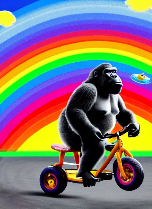 Image similar to A photo of a fat gorilla riding a tricycle on a rainbow road in space.