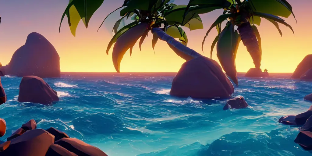 Prompt: the rock in a sea of thieves selfie, sea of thieves screenshot, palm trees, sunset