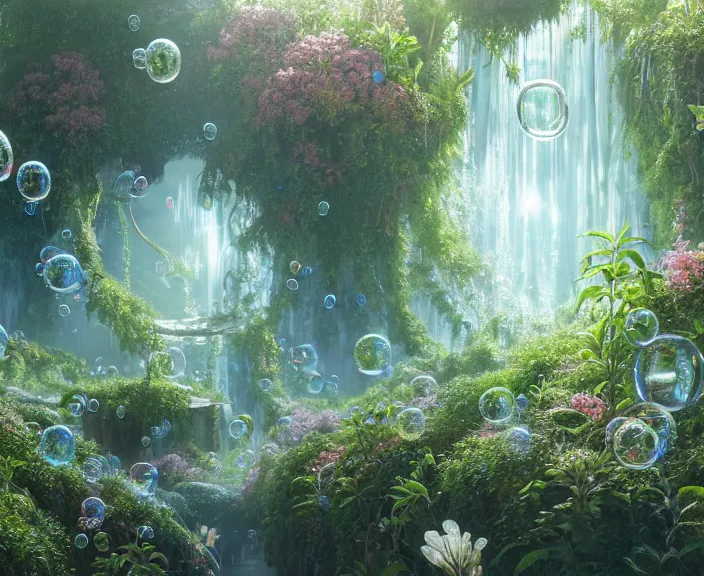 Image similar to elegance, transparent clear see - through image of many bubbles, lush botany, flowers, industrial plant environment, ultra realistic, concept art, photorealistic, octane render, 8 k, unreal engine. art by gustave dore and nori inoguchi and sam kaplan and zachary goulko and christopher marley and artgerm and alphonse mucha