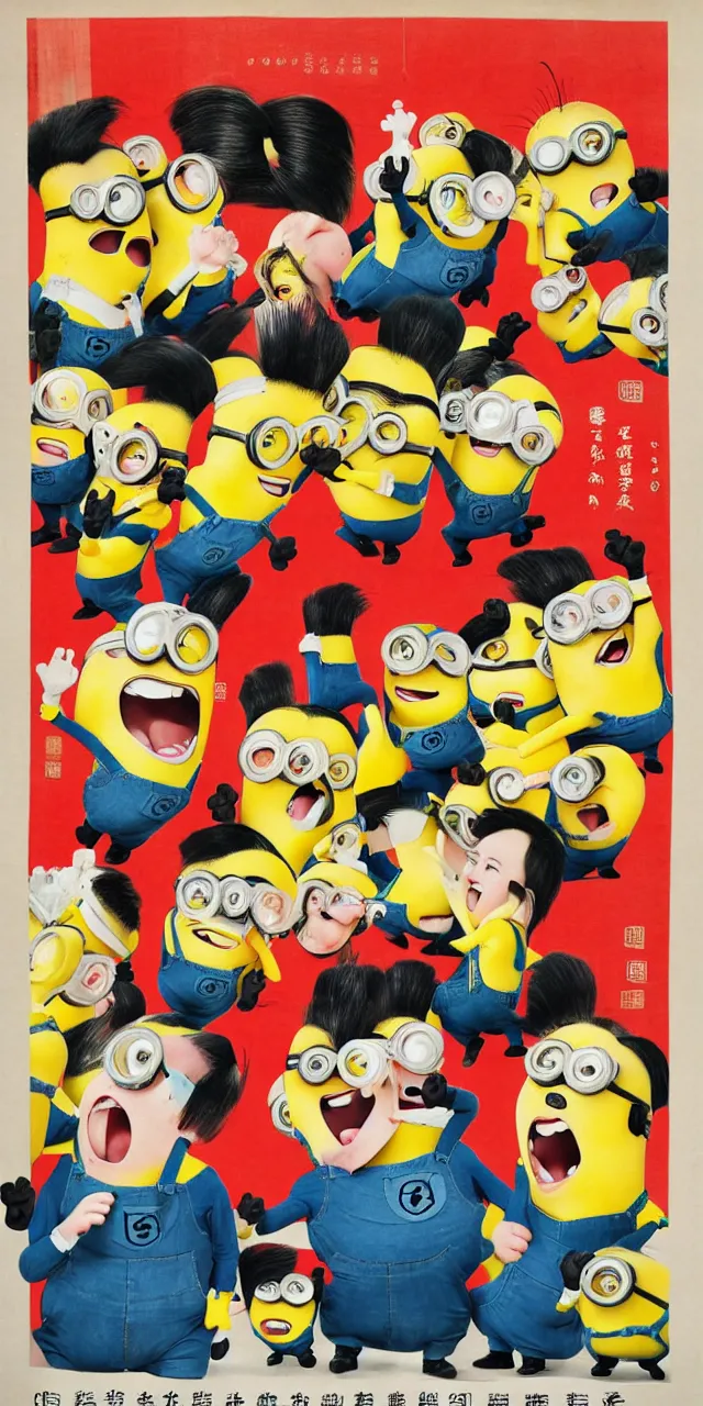 Image similar to chinese propaganda poster with minions