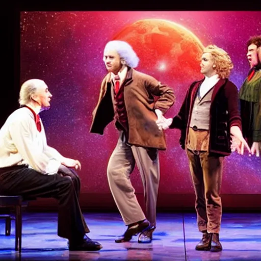 Prompt: quantum physics the musical on broadway, with isaac newton, albert einstein, the apple and the moon
