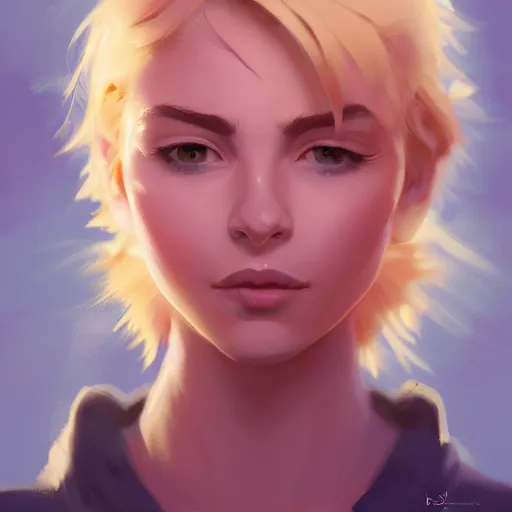 Prompt: beautiful woman with short blond hair, portrait, maya ali mage, gloomhaven, dynamic lighting, gaudy colors, octane render aesthetic, matte painting concept art, official fanart behance hd artstation by jesper ejsing, by rhads and makoto shinkai and lois van baarle and ilya kuvshinov and rossdraws