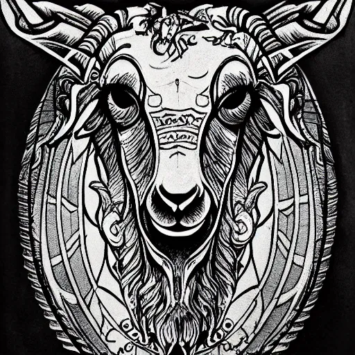 Image similar to a masterpiece illustration of a hellish goat for a tattoo