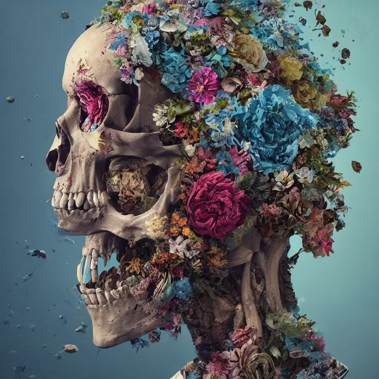 Prompt: A beautiful oil painting hyperrealism of a decayed head, rotting clay skin, skull bones, flowers, floral headdress, 8k resolution, octane render, Trending on artstation, by Gediminas Pranckevicius, volumetric light 2blue fractal Thunder glow by dan mumford, anaglyph effect, Laurie Lipton