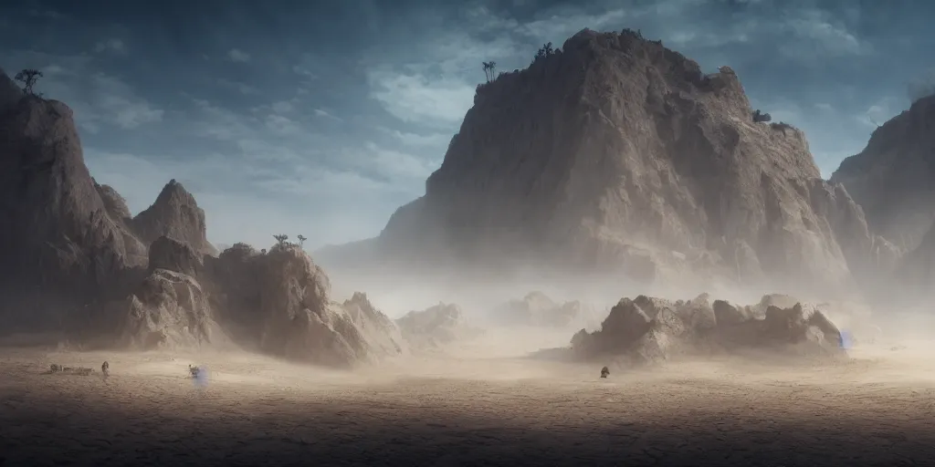 Image similar to kingdom made of sand, superwide angle, light through the mist, dramatic lighting, photorealistic, cinematic lighting, high detail, cinematic feel, high octane, 4 k, unreal engine, digital render, intricate, ultra realistic, concept art