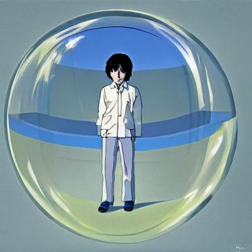 Image similar to hyperrealist, studio ghibli dull colors portrait from close encounters of the third kind 1 9 7 7 of a young scientist standing in a bubble temple.