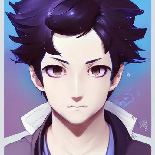 Image similar to small boy with black hair and blue purple eye, school uniform, anime style, hyper detailed, illustration, digital painting, art by artgerm and greg rutkowski and alphonse mucha, high delicate defined details, anime stylized, highly detailed, realistic, sharp focus, symmetrical face