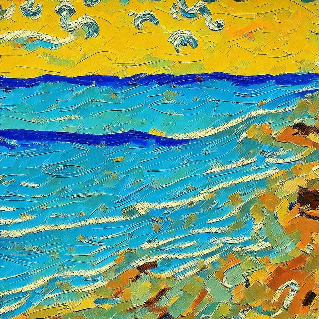 Image similar to beautiful Italian beach scene painted in a style of painting similar to Van Gogh but more impasto and less hatching