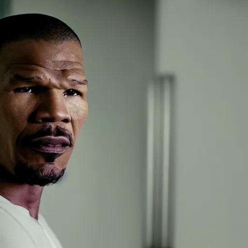 Image similar to a cinematic film still of Jamie Foxx starring as Mike Tyson, portrait, 40mm lens, shallow depth of field, close up, split lighting, cinematic