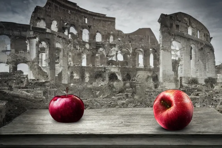 Image similar to An apple sitting on a table over the ruins of a sacked Rome, award winning photograph.