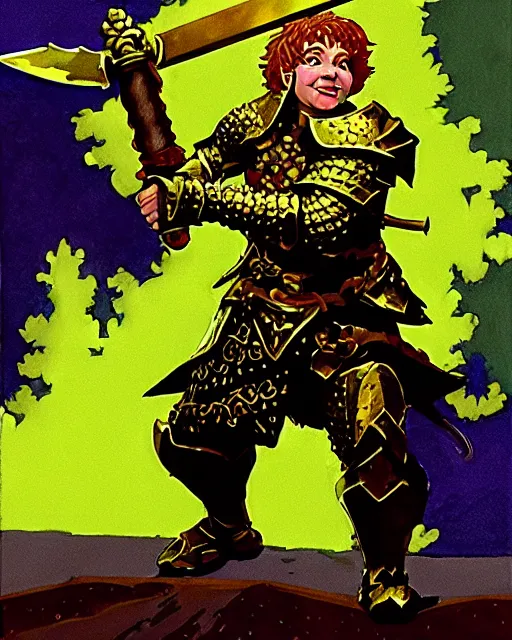 Prompt: beverly toegold the fifth, epic level dnd male halfling verdant paladin of the ancients and green teen, wielding a golden holy sword, wearing magical gleaming chainmail armor. full character concept art, realistic, high detail digital gouache painting by angus mcbride and michael whelan and jeffrey jones