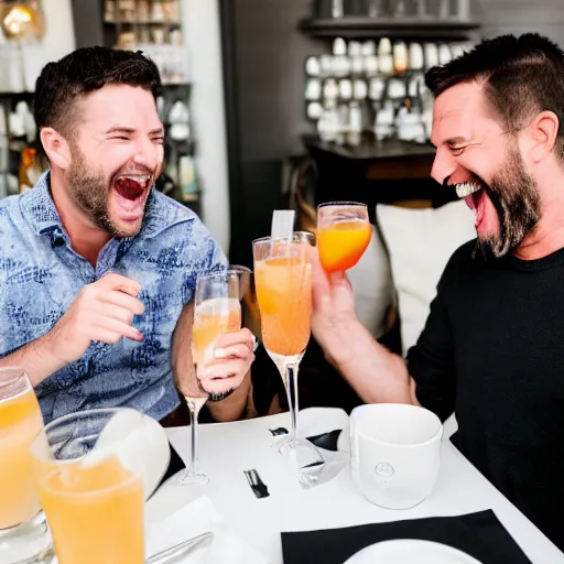 Prompt: Adam and Steve laughing with Lilith over bottomless mimosas at brunch while they gossip about Eve