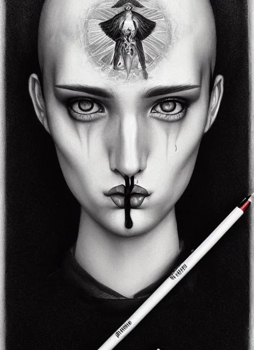 Prompt: surrealism sketch pencil hyperrealistic symmetrical portrait black and white by james jean, manuel sanjulian, tom bagshaw