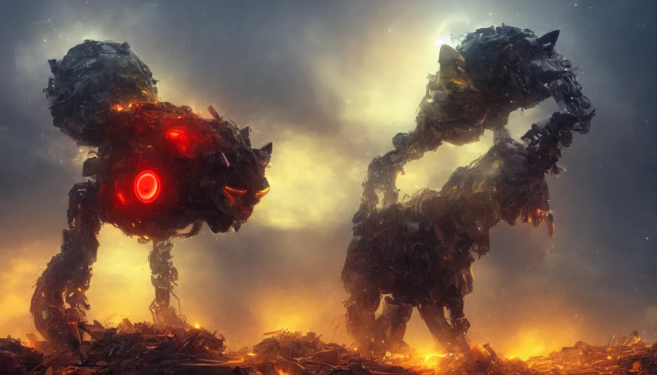 Image similar to ai limbo, gigantic robotic cat with red eyes walks in a trash heap in yellow mist, digital art, trending on artstation, 8k, epic composition, highly detailed,