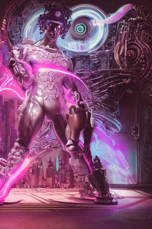 Image similar to full-body rococo and cyberpunk style neon statue of a young attractive Nick Jonas macho dotado e rico android sim roupa reclining con las piernas abertas e la piroca dura, glowing white laser eyes, prince crown of pink gears, diamonds, swirling silver-colored silk fabric. futuristic elements. full-length view. space robots. human skulls. intricate artwork by caravaggio. Trending on artstation, octane render, cinematic lighting from the right, hyper realism, octane render, 8k, depth of field, 3D