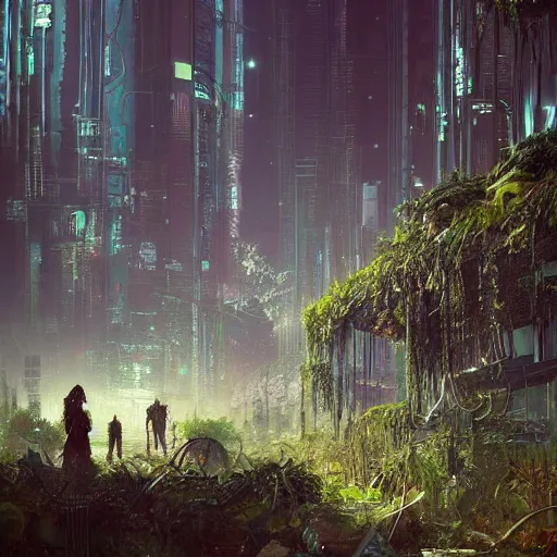 Prompt: cyberpunk dystopia overgrown by plants, dark surrealism, Greg Rutkowski