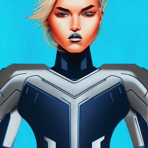 Image similar to a stunning upper body portrait of a beautiful young woman wearing futuristic navy blue and teal battle bodyarmor with ombre bleach blonde hairstyle blowing in the wind by marvel comics, digital art, trending on artstation