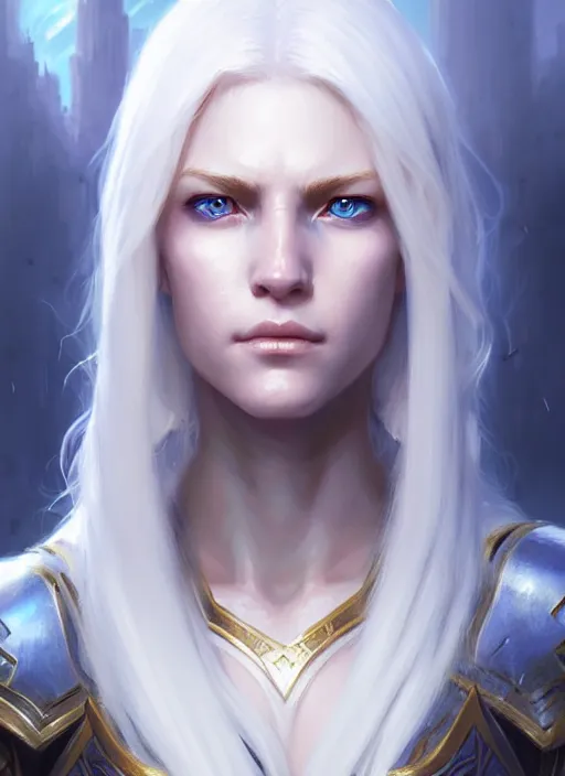 Image similar to a fantasy style portrait painting of shy white female paladin with blonde hair and blue eyes shy scarred left eye, holy oil painting unreal 5 daz. rpg portrait extremely detailed artgerm greg rutkowski _ greg