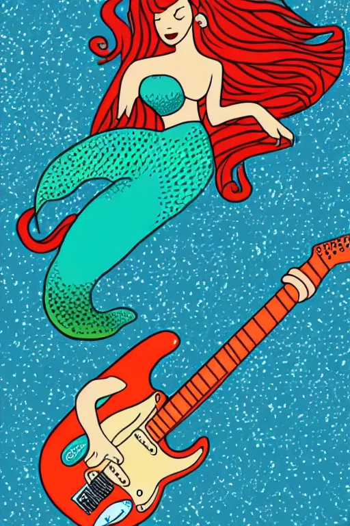 Prompt: illustration of a mermaid playing an stratocaster electric guitar, surf art