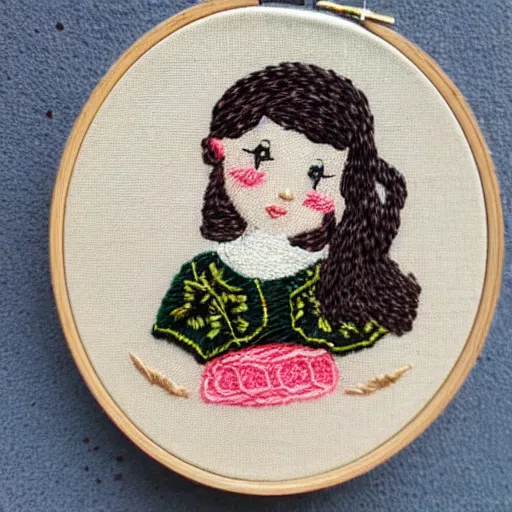 Image similar to a tiny beautiful handmade embroidery of a little girl with brown curly hair. hand embroidery.