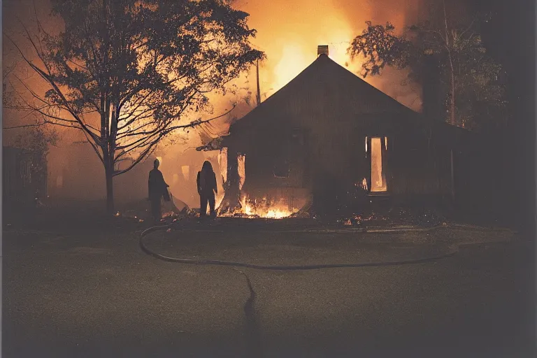 Prompt: Gregory Crewdson full color Photography, A woman walks calmly while her house is on fire, atmospheric lighting , at night