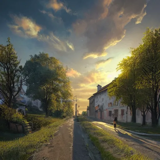 Prompt: a beautiful hyper realistic photo of banska stiavnica in summer with old houses and trees in sunset, sky, one cat crossing road, unreal engine, by greg rutkowski and james gurney, artstation