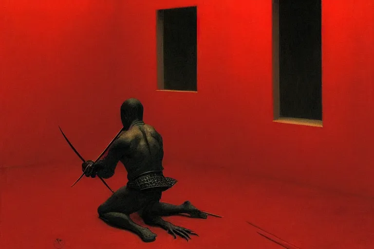 Image similar to only with red, a red samurai do seppuku, tokio, a lot of frogs watch, in the style of beksinski, parts by edward hopper, parts by rodcenko, parts by yue minjun, intricate and epic composition, red by caravaggio, insanely quality, highly detailed, masterpiece, red light, artstation, 4 k