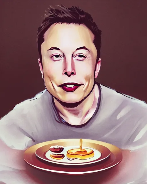 Prompt: a portrait of elon musk sitting at the dining table with a plate containing gulab jamun in front of him, highly detailed, trending on artstation, bokeh, 9 0 mm, f / 1. 4