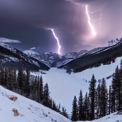 Image similar to high rocky mountains snow steep dark gloomy volumetric lightning lense flare 4 k