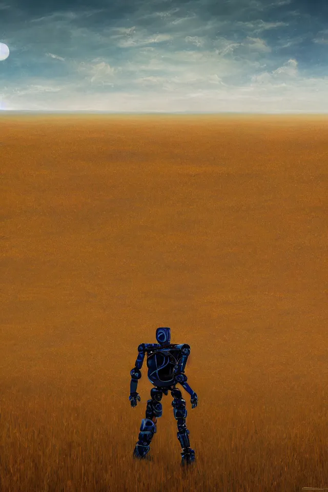 Prompt: concept art of the back view of one humanoid robot on the ground, many distant big tall buildings far away, vast wheat fields, by Noah Bradley, godrays, atmospheric, cinematic, distant world, wide angle, detailed