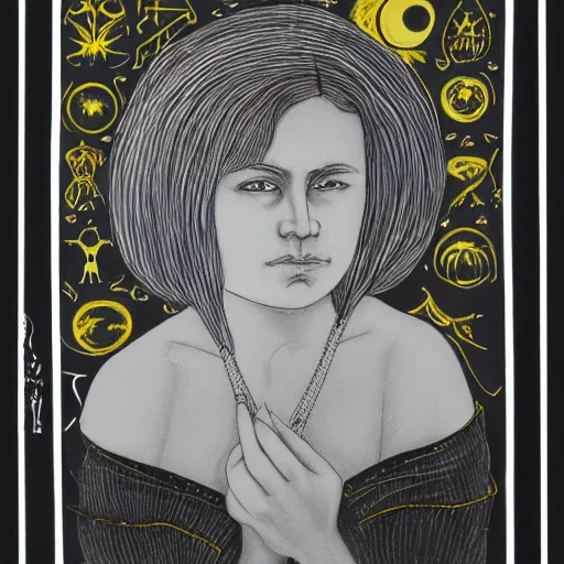 Image similar to monochrome yellow astrological portrait of a melancholic lady 3 6 years old, with name