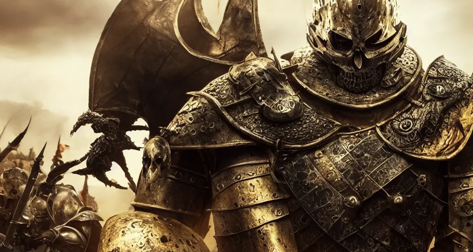 Prompt: full frame render of A skull faced knight with a skull mask, wearing a golden set of armor standing strong in the middle of a battlefield, hyper realistic, unreal, craig mullins, alex boyd, lord of the rings, game of thrones, dark souls, skyrim, dragon age, artstation, cinematic shot, warhammer, dungeons and dragons