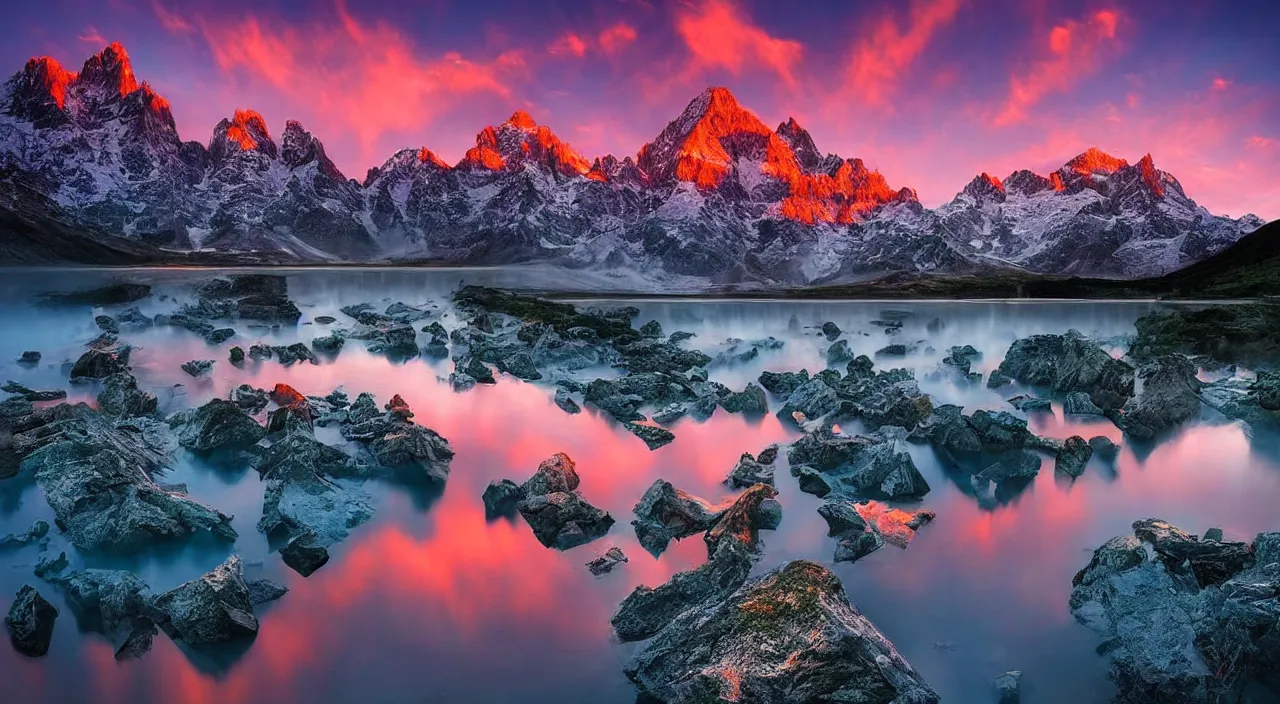 Image similar to amazing landscape photo of mountains with lake in sunset by marc adamus, beautiful dramatic lighting