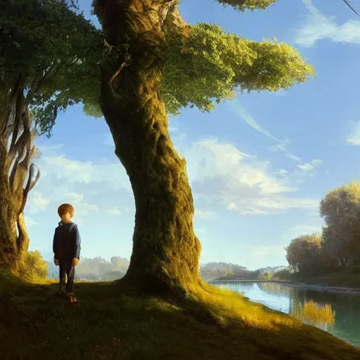 Image similar to A boy standing next to a tree looking at the blue sky with a beautiful river in front of him, Graceful body structure,cute,Symmetrical face,highly detailed,elegant,Marc Simonetti and Caspar David Friedrich, Trending on artstation