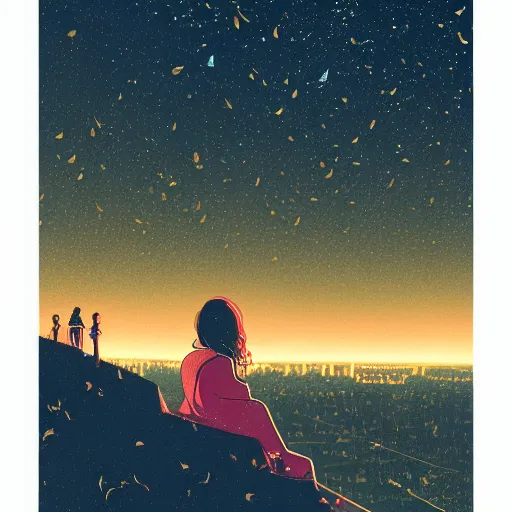 Image similar to a girl sitting on a hill watching the night view of a busy city from a distance, by Victo Ngai, artstation, Detail, HD