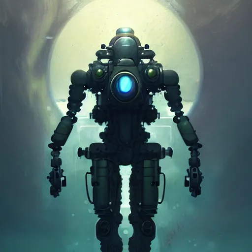 Image similar to mech suit swimming in the water, diffuse lighting, fantasy, highly detailed, photorealistic, digital painting, artstation, illustration, concept art, smooth, sharp focus, in the style of tom bagshaw