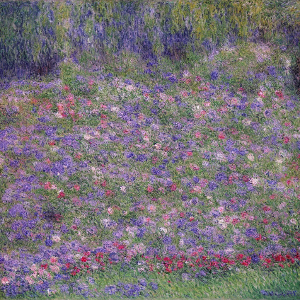 Image similar to a gorgeous garden on the edge of a cliff filled with beautiful flowers of blue and violet and pink, monet