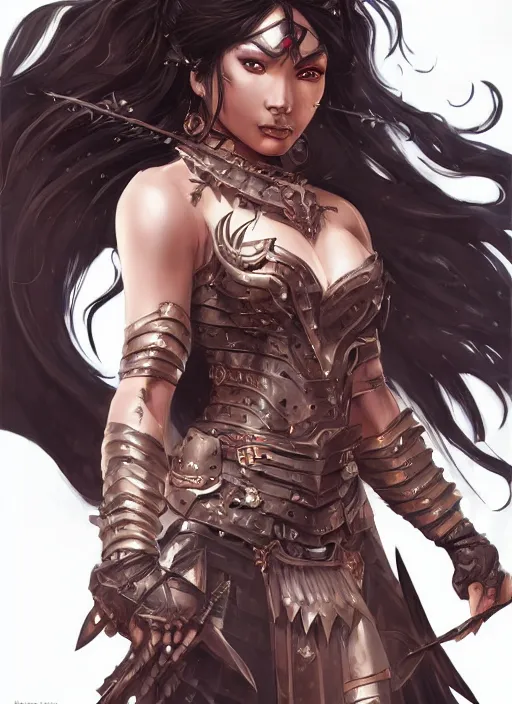 Image similar to beautiful warrior lady, black long hair, practical armor, brown skin, demonic eyes, low fantasy, extremely detailed, sharp focus, smooth, digital illustration, by rossdraws, frank franzzeta, sakimichan