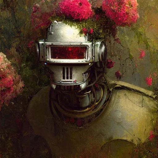 Image similar to a painting by thomas cole of a robot head with flowers growing out, highly detailed, color bleeding, pixel sorting, brushstrokes by jeremy mann