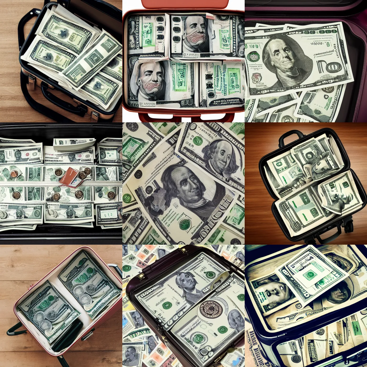 Prompt: suitcase full of money bills, top view, symmetrical view