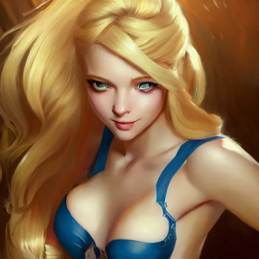 Image similar to portrait of beautiful girl with blond hair and blue eyes, League of Legend illustration by Sam Youn:1, profile picture by Gil Elvgren:2, Krenz Cushart:2, asymmetrical, Organic Painting, Ambient Occlusion:3, Matte Painting, bold shapes, hard edges, street art, trending on artstation, realistic:2 by Sachin Teng:5